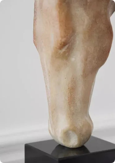 French retro abstract horse head sculpture with carved finish standing 50cm tall on a desktop