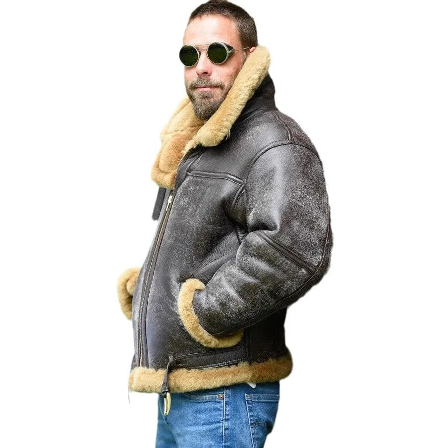 Men's brown synthetic leather retro fur coat with straight hem and side pockets