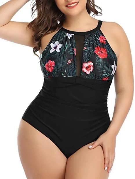 Women's black, red floral, and striped one-piece swimsuits in polyester fabric.