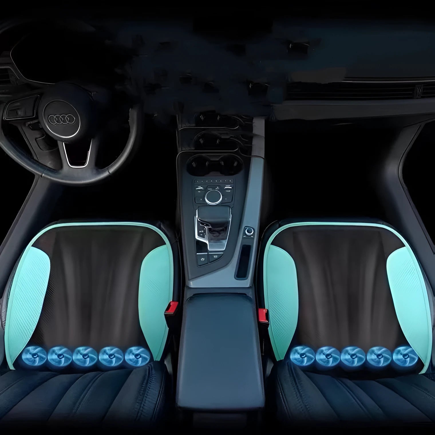 USB-powered ventilated car seat cushion with cooling fans in black colour
