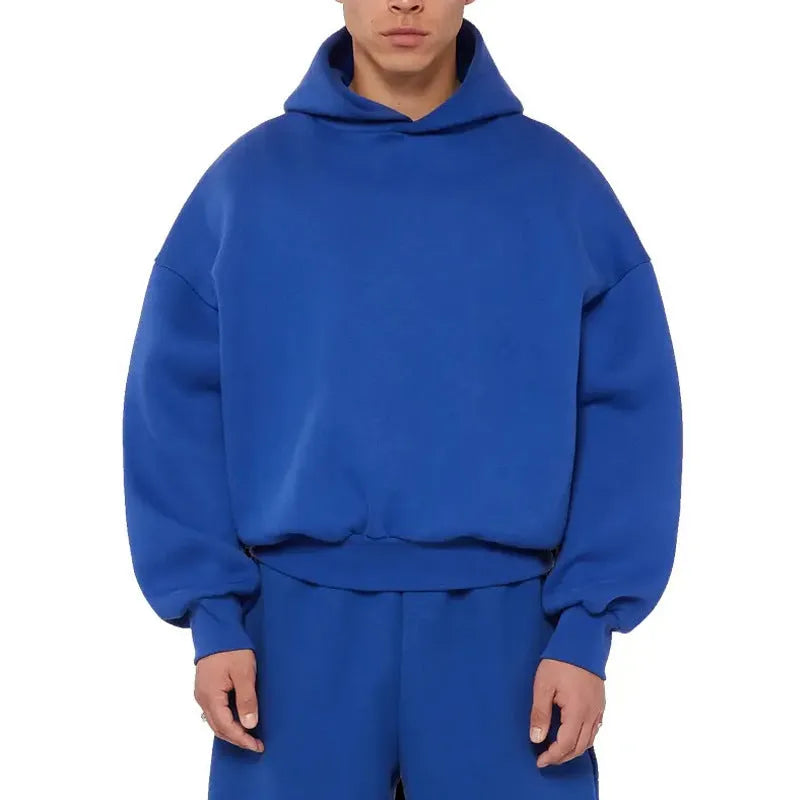 Men's grey fleece-lined cotton hoodie pullover with ribbed sleeves
