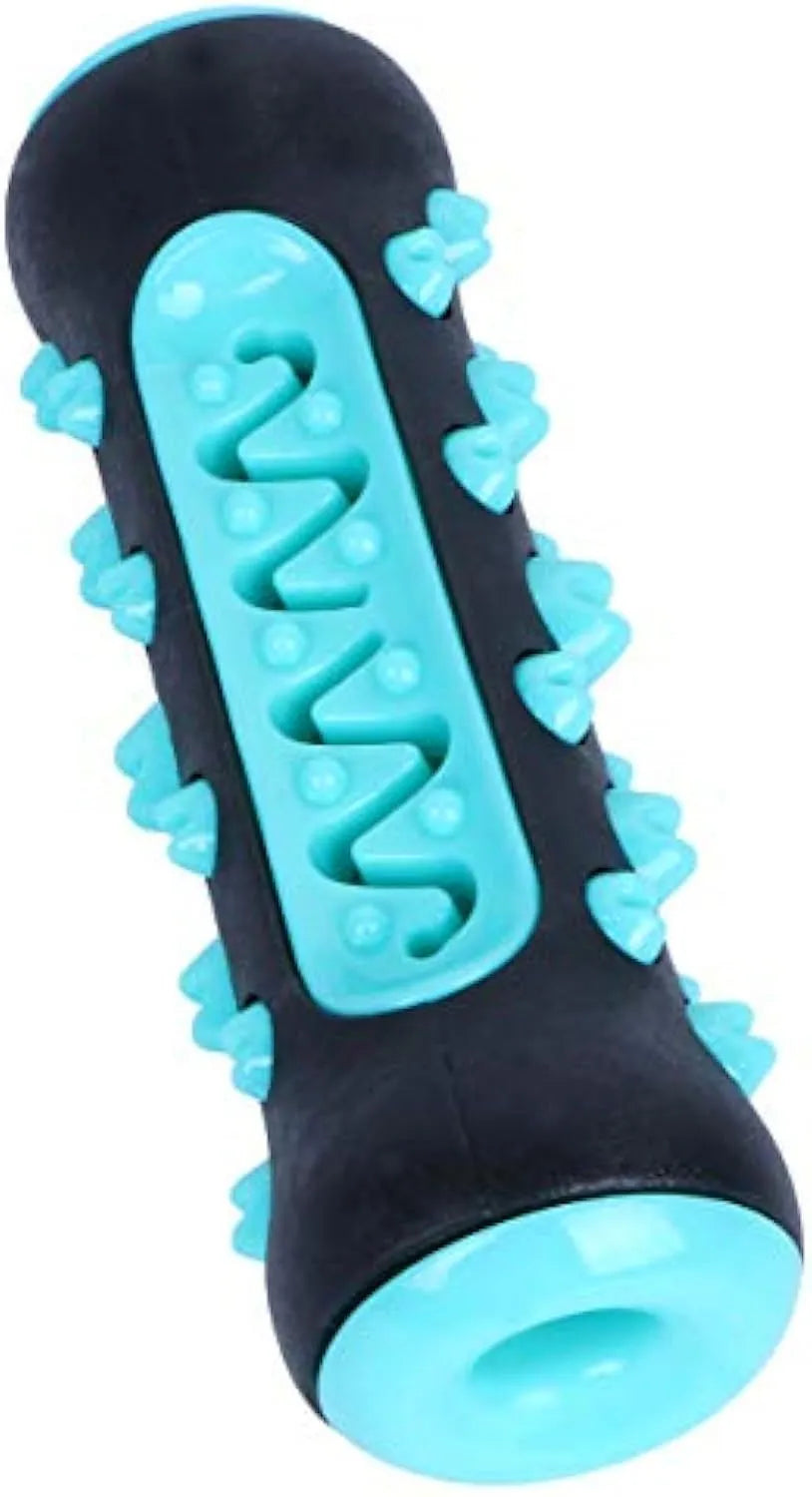 Natural rubber dog toothbrush chew toy in blue, showing textured surface for dental cleaning