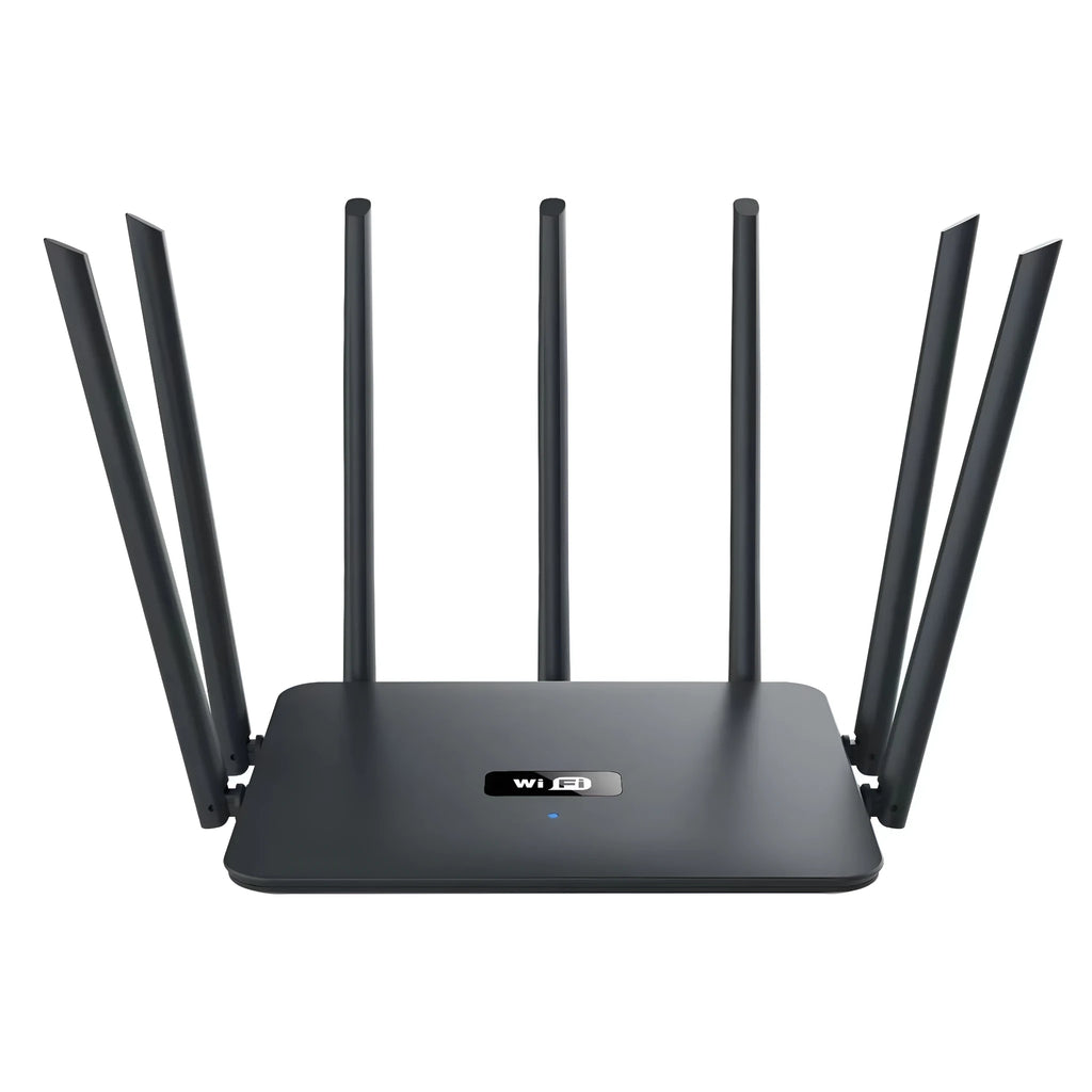 Black and white dual-band 5G Gigabit router for home WiFi with multiple antenna options.