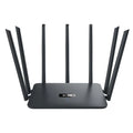 Black and white dual-band 5G Gigabit router for home WiFi with multiple antenna options.