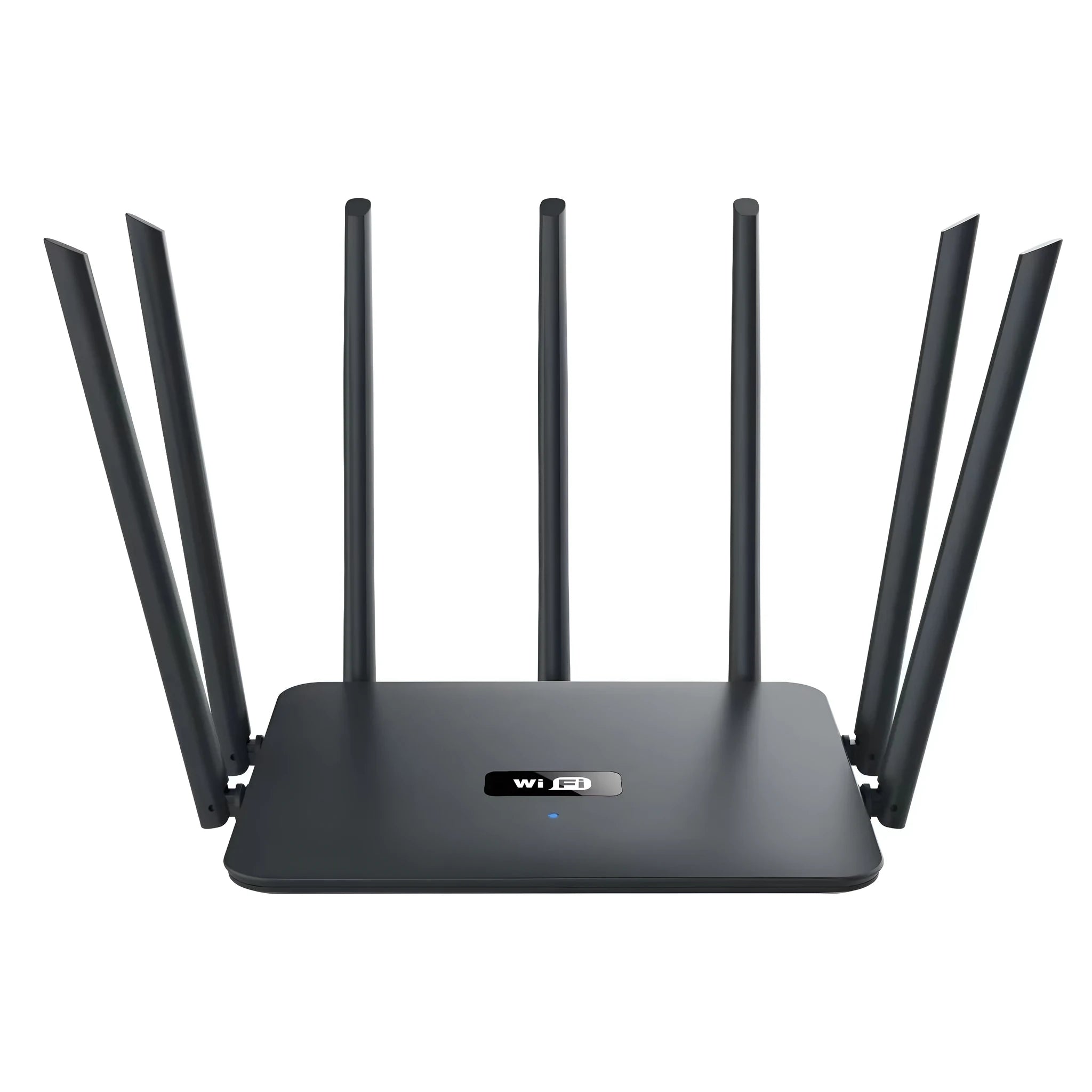 Black and white dual-band 5G Gigabit router for home WiFi with multiple antenna options.