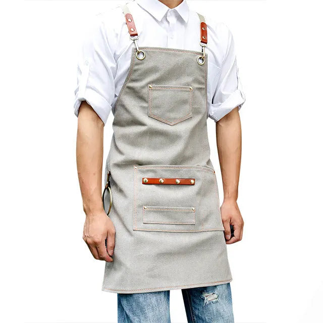 Canvas apron with cross straps in camel colour for baking and gardening work