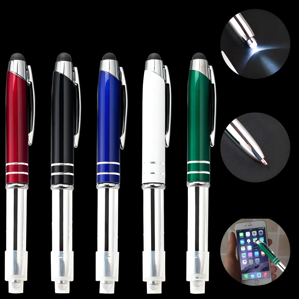 Red metal multifunctional stylus ballpoint pen with LED light and capacitive tip.