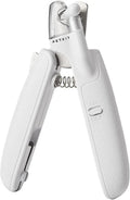 White pet nail clippers with LED light, anti-splash guard, and leather-like handle.
