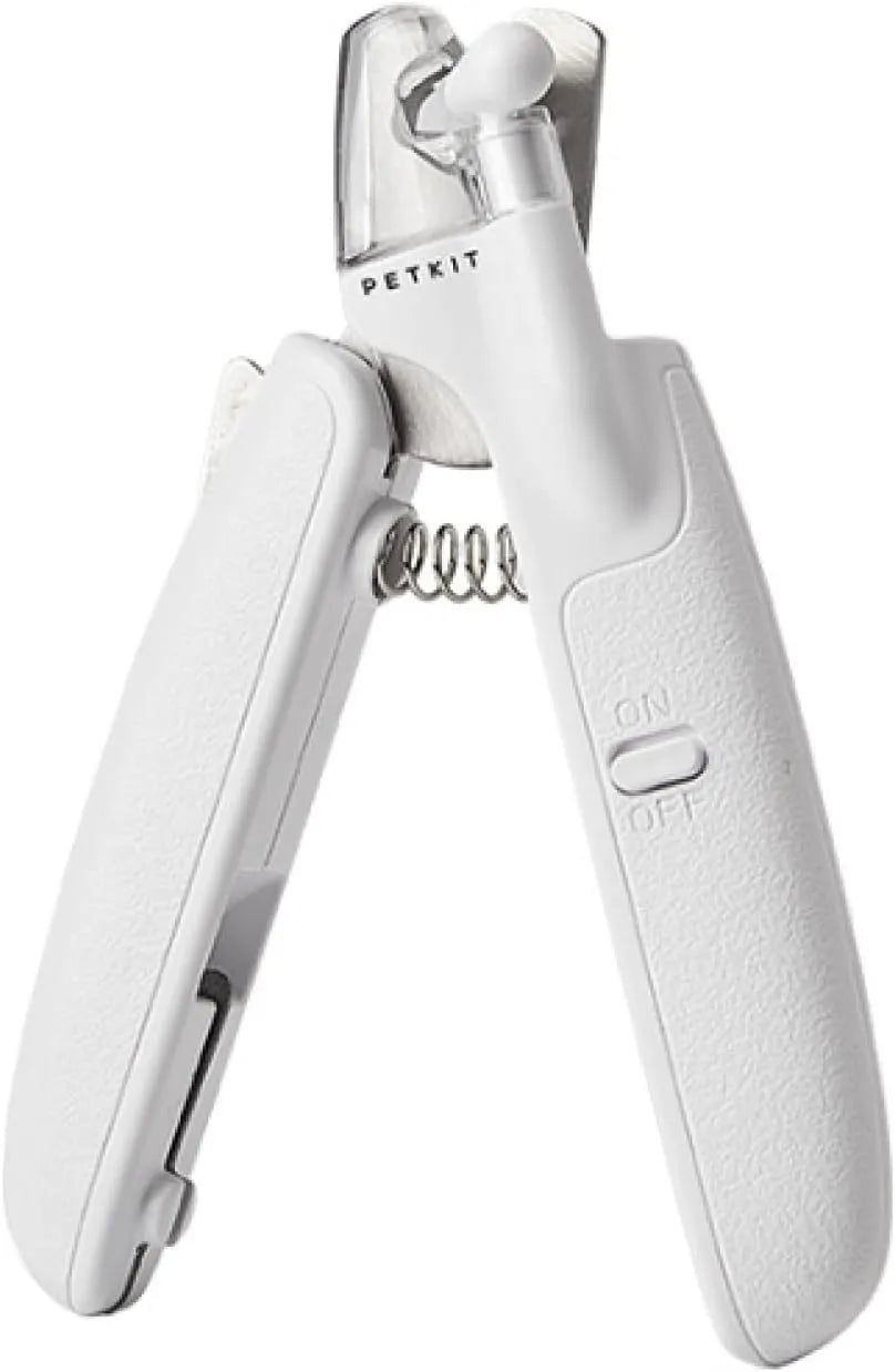 White pet nail clippers with LED light, anti-splash guard, and leather-like handle.