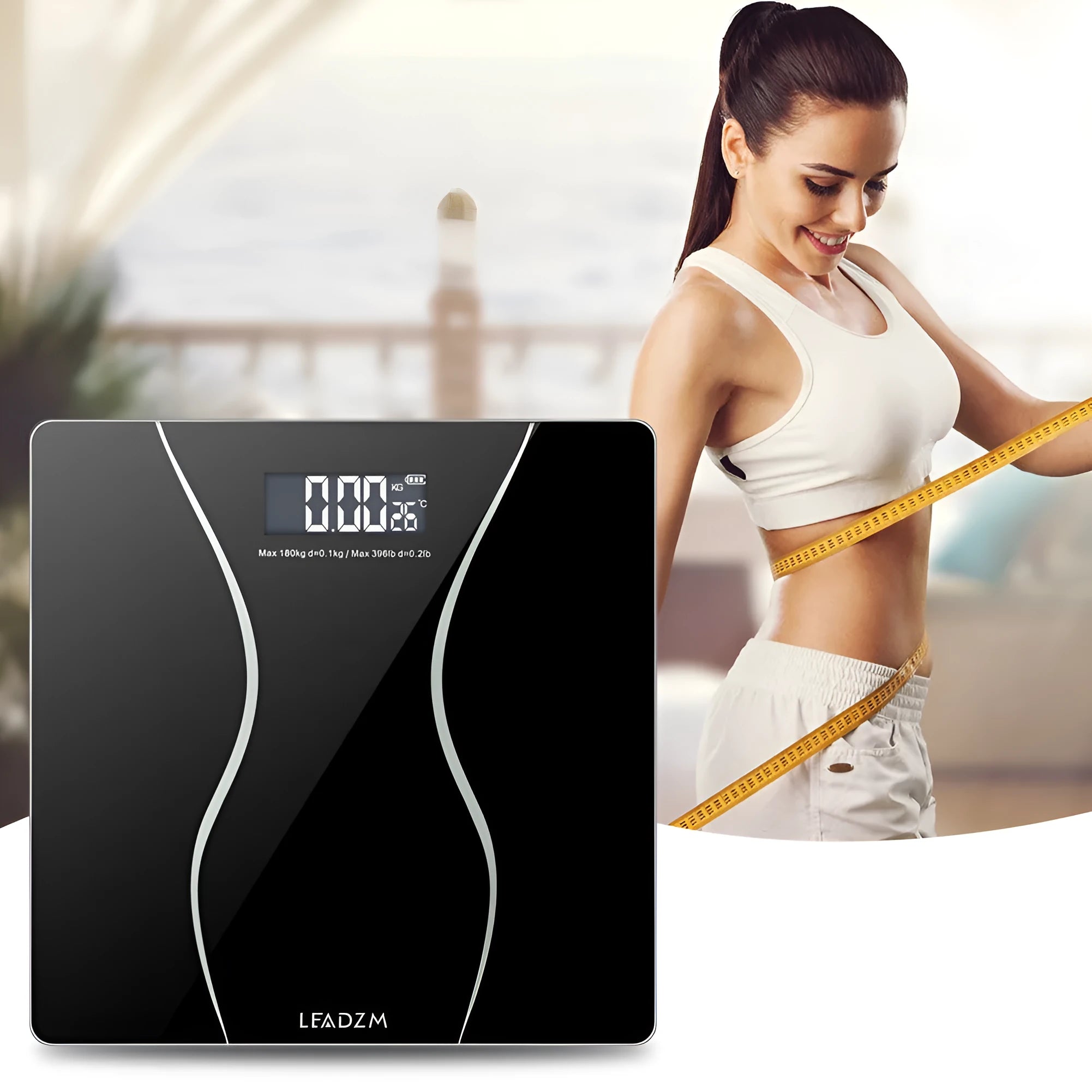 Black electronic bathroom scale with LCD display on a bathroom floor.