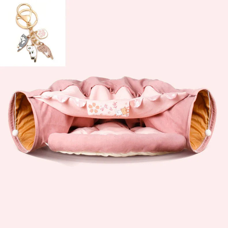Collapsible cloth cat tunnel in Bar, Coffee, Matcha, or Pink colour, showing its 45cm diameter size.