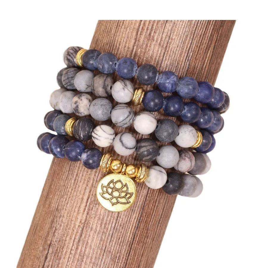 Blue patterned network stone beads on multi-layer alloy bracelet with natural fresh sweet style