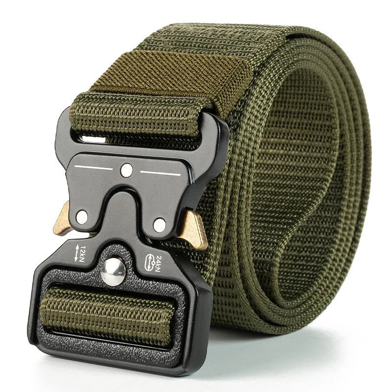Men's thick canvas tactical belt with alloy buckle in 120cm length on colour background