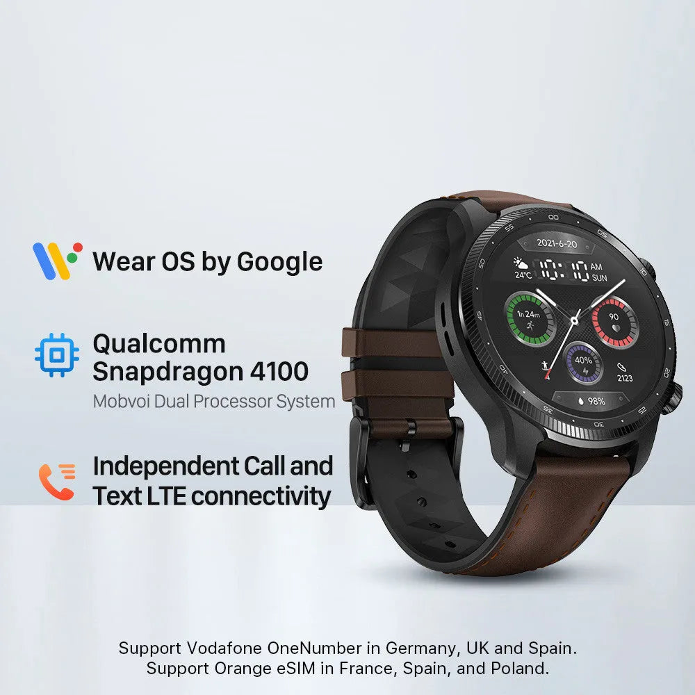 Ticwatch Pro X 47mm black smartwatch with round AMOLED display showing fitness stats.