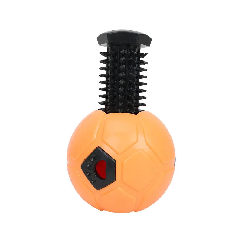 Orange and white TPR dog toy ball for chewing, showing hollow and tooth cleaning stick styles.