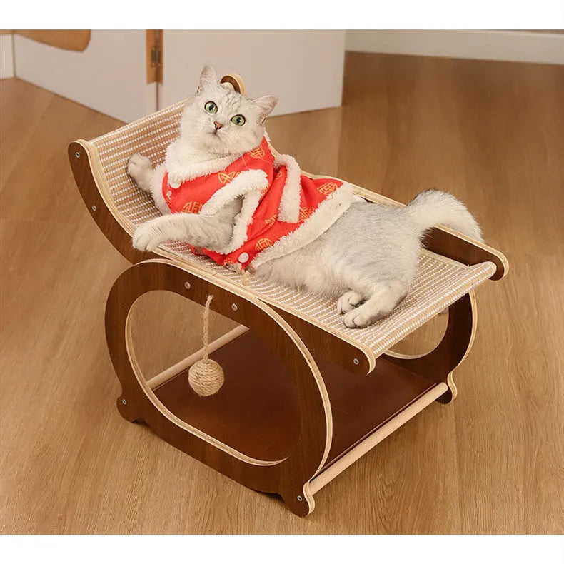 Solid wood rectangular cat scratching mat and bed in walnut colour with scratch-resistant surface