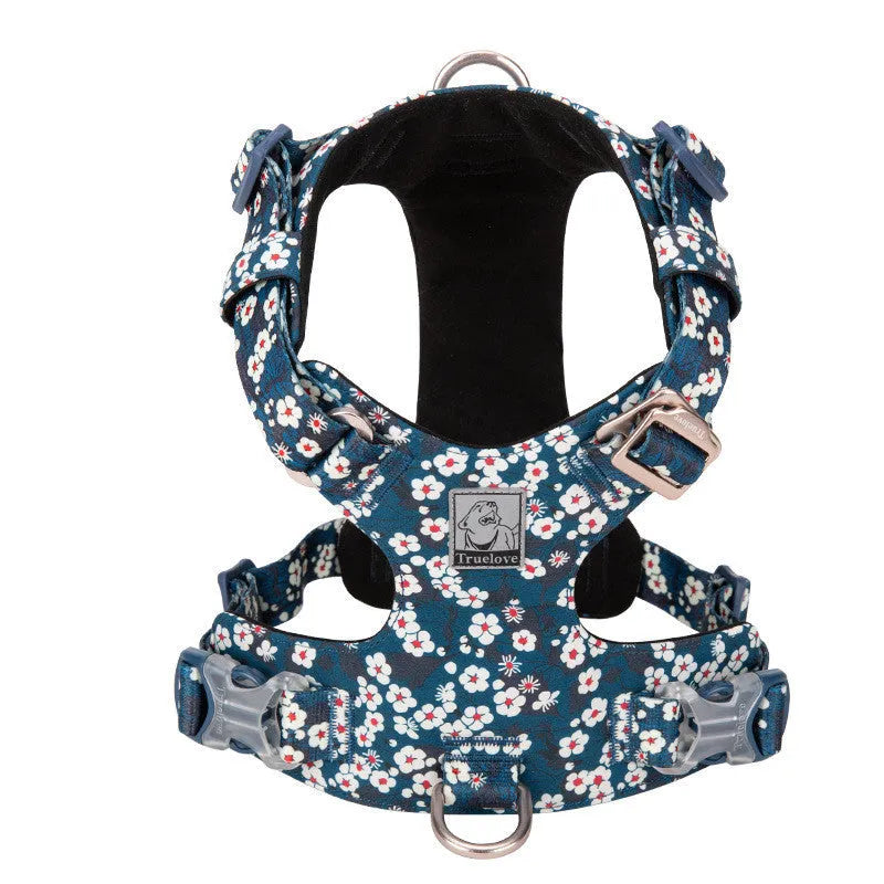 Floral pattern cotton dog harness chest strap shown in red, blue and green colour options