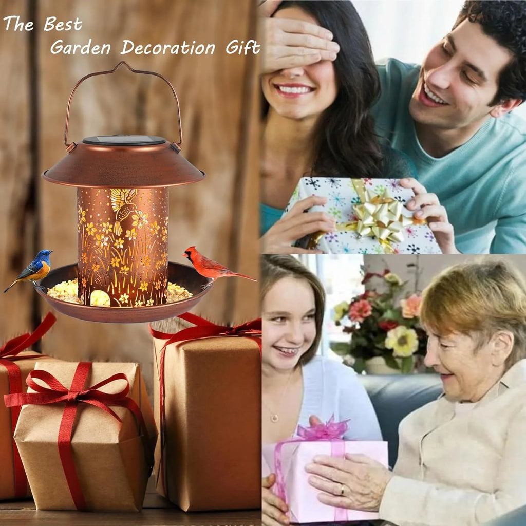Solar-powered iron art hummingbird pattern garden lamp feeder with waterproof outdoor design