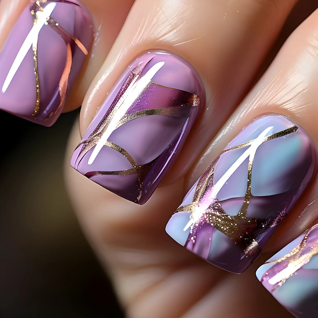 Purple striped mid-length nail stickers in European and American style design