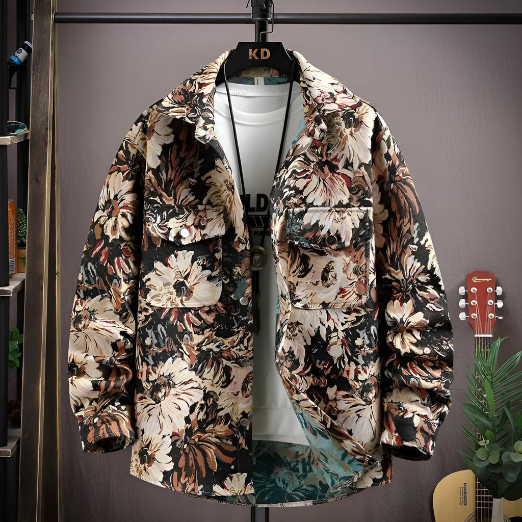 Men's casual lapel shirt coat jacket in polyester fabric with straight hem design.
