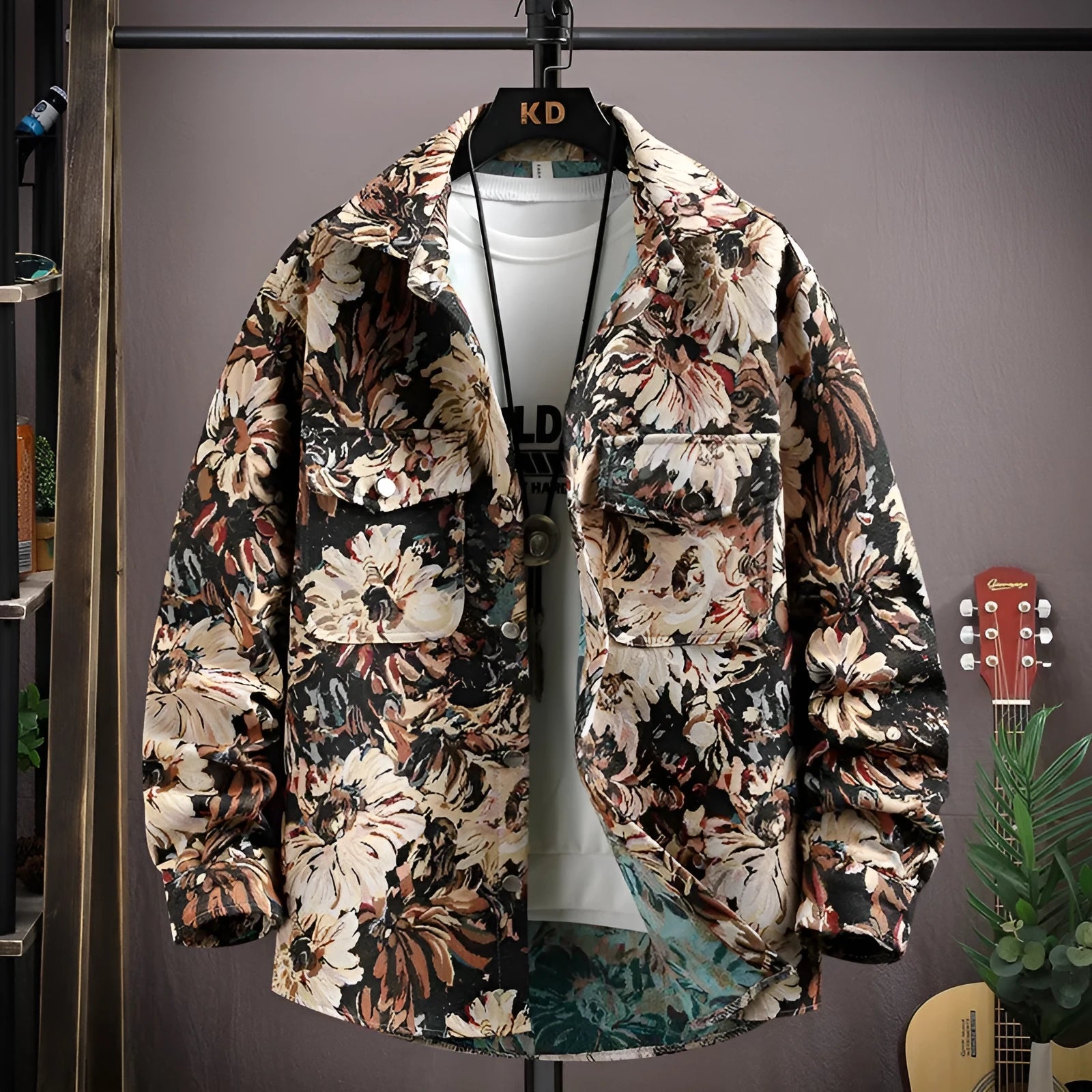 Men's casual lapel shirt coat jacket in polyester fabric with straight hem design.