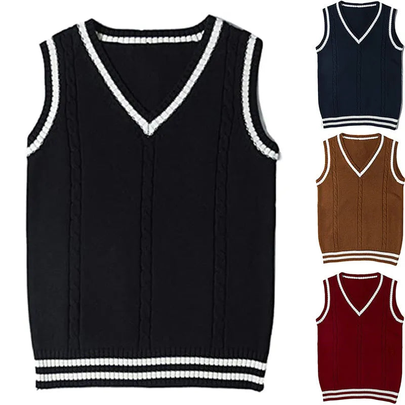 Women's slim-fit knitted V-neck waistcoat with striped stitching detail in dark blue.