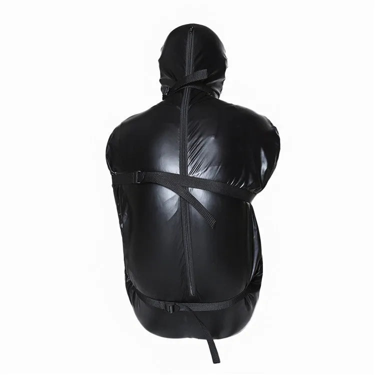 Black patent leather body wrap set with six silver ratchet tie-down straps laid out.