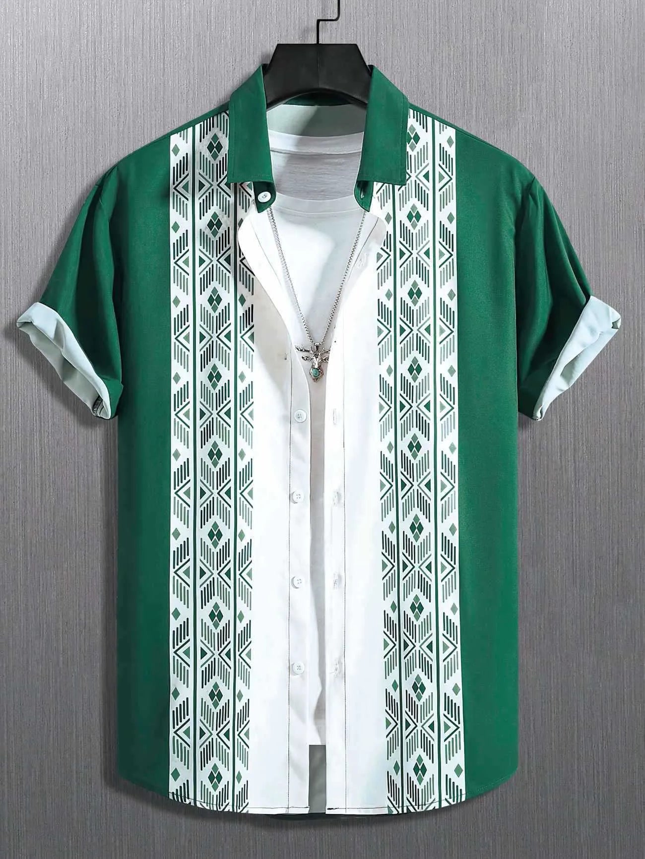 Men's plaid short-sleeved summer shirt in polyester with elastic band fabric