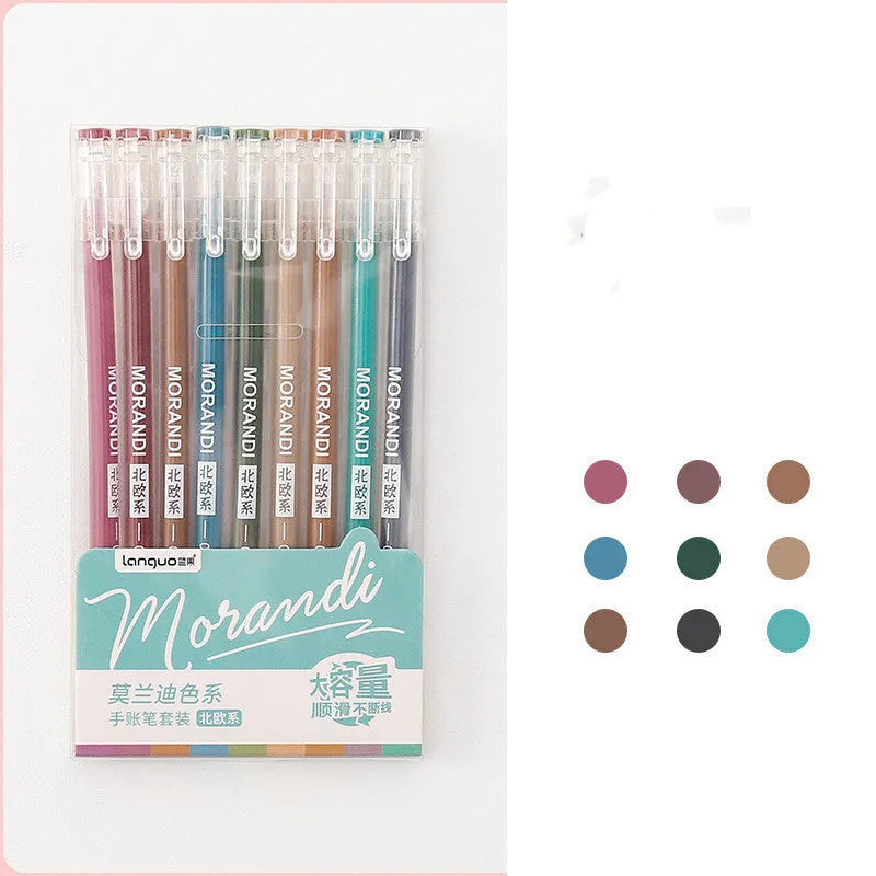Set of nine solid colour gel pens with 0.5mm needle tips in retro Japanese-style packaging