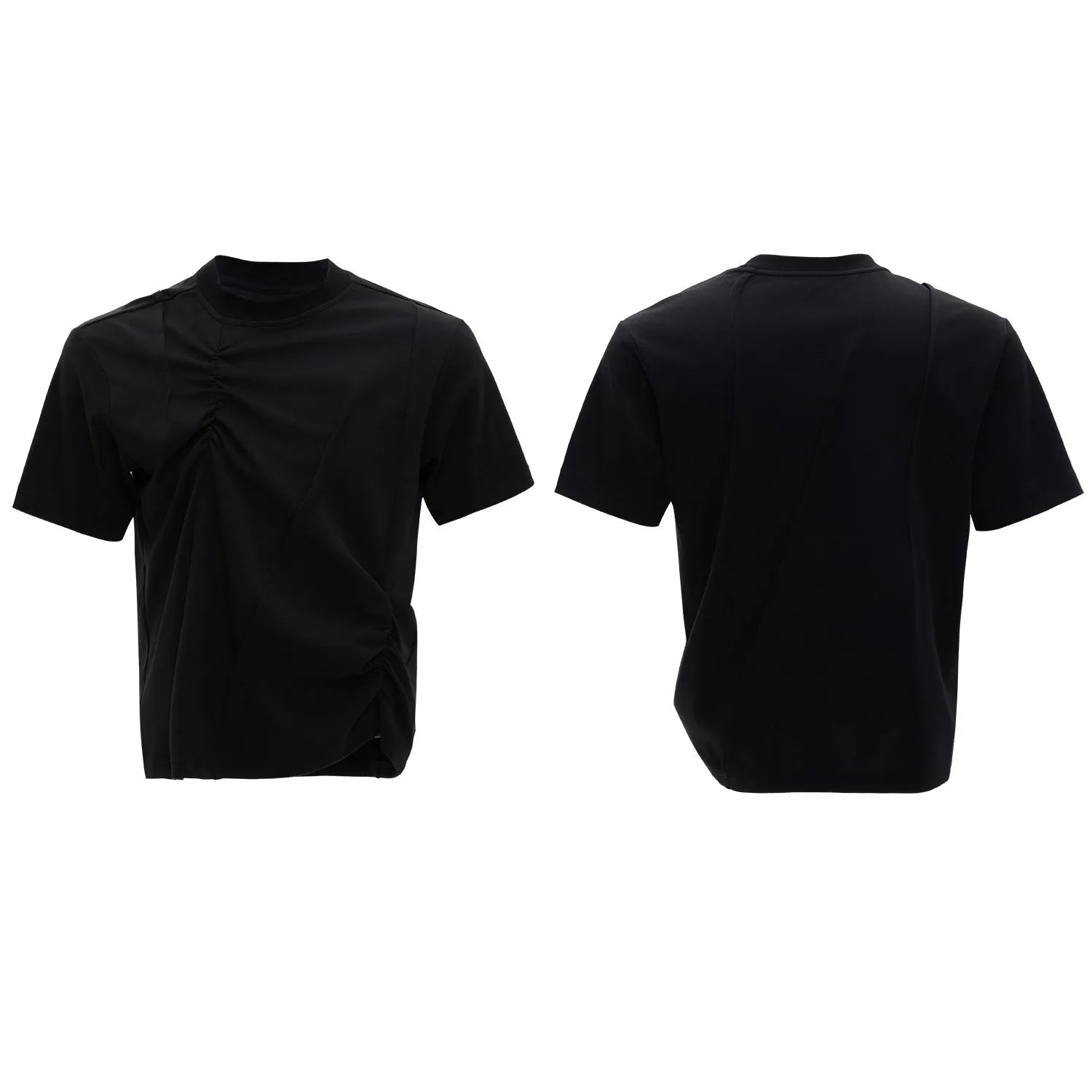 Men's cotton loose fit T-shirt with three-dimensional pleated detail and asymmetric stitching