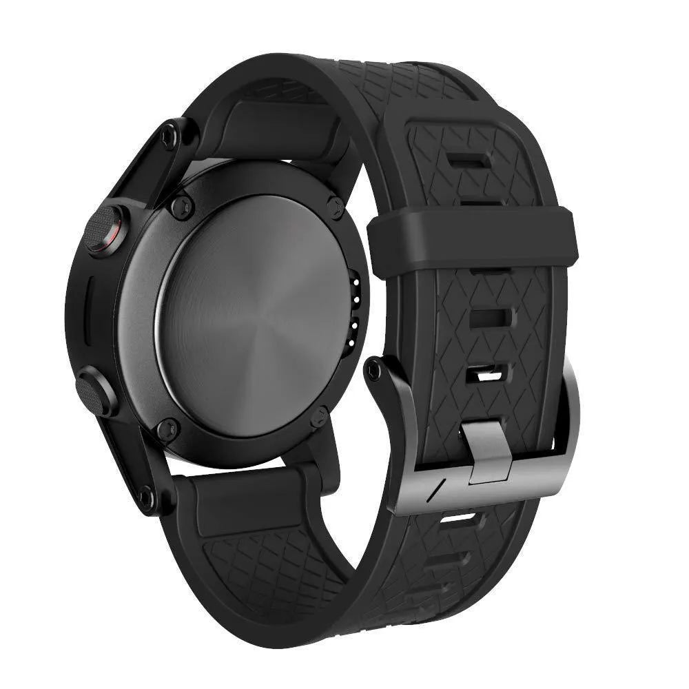 Jiaming watch replacement strap with black silicone and stainless steel buckle showing 26mm width
