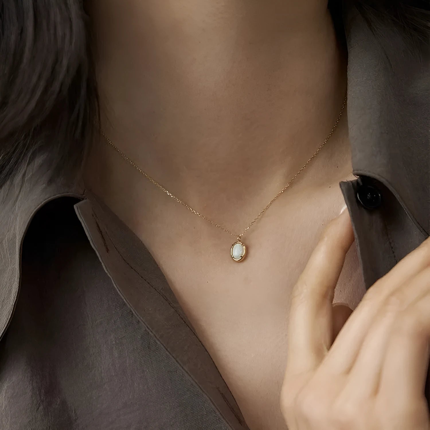 S925 sterling silver geometric pendant with jelly opal, shown in gold and white gold plating options.