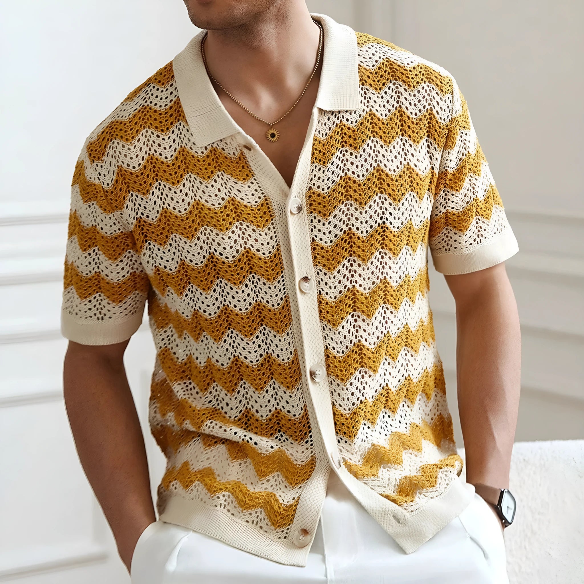 American-style hollow jacquard corrugated short-sleeve sweater in blue, shown on a hanger.
