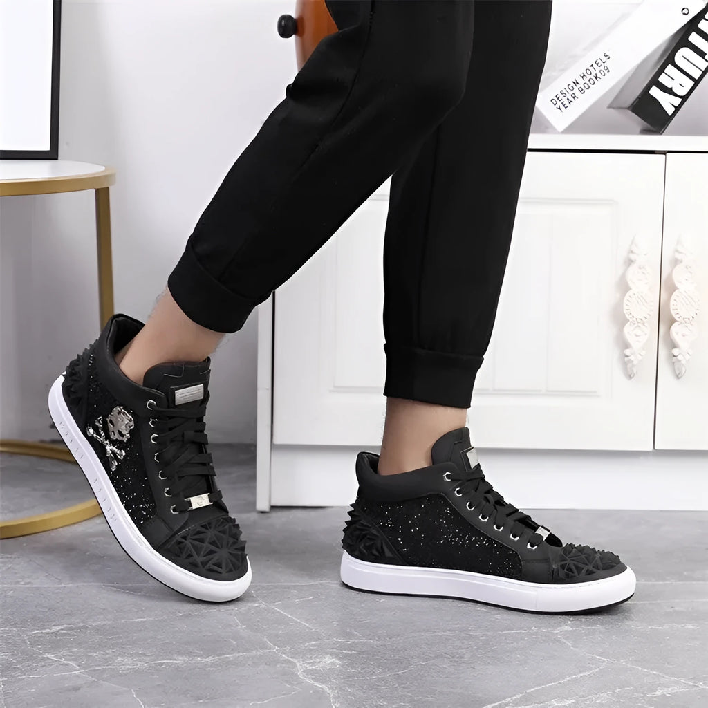 Men's black and red genuine leather skeleton high top shoes with round toe and lace-up closure