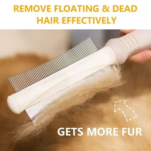 White double-sided dog and cat grooming brush with comb and deshedding blade, showing comfort-grip handle.