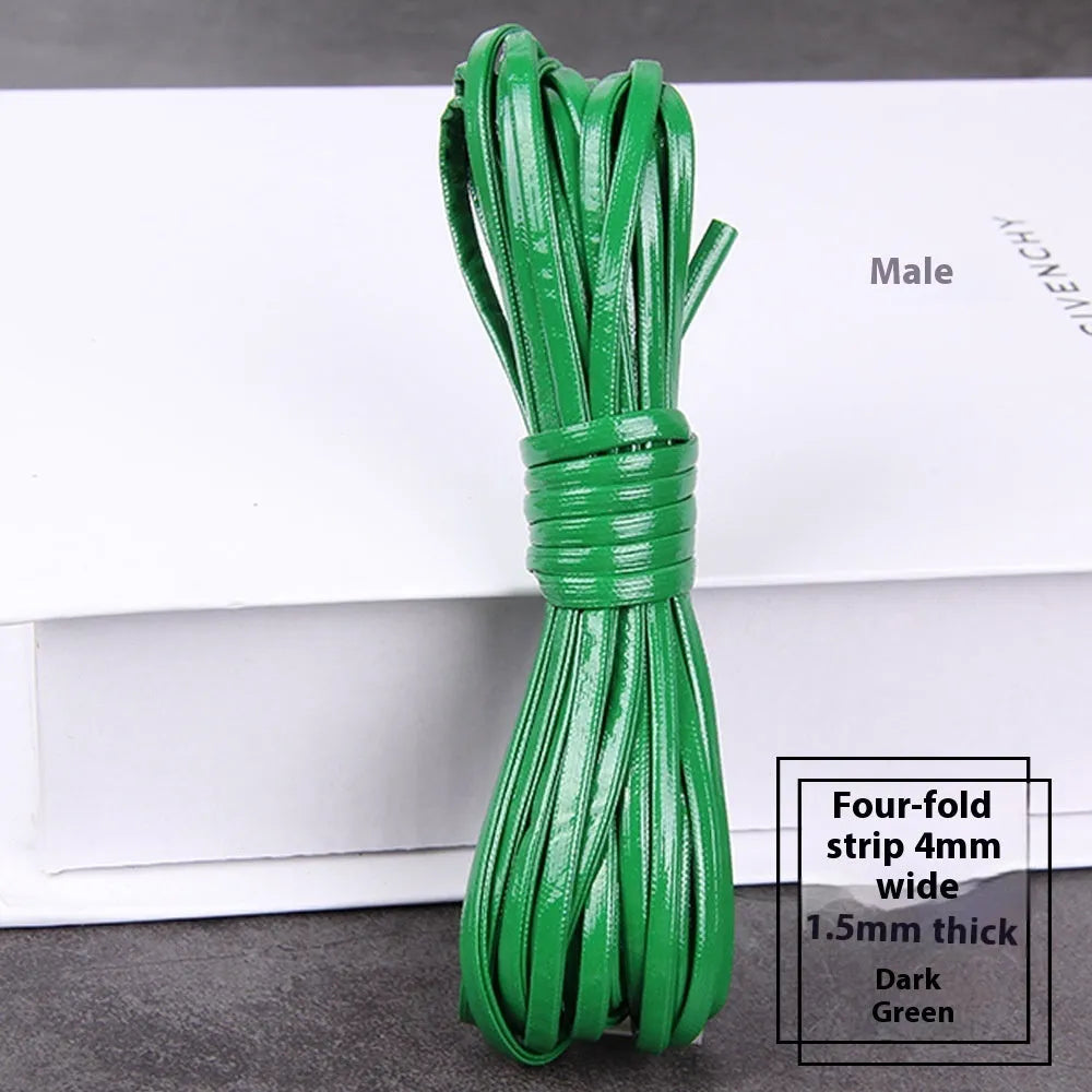 Coiled PU leather woven craft string in multiple colours including beige, black, red, blue, green, gold, and silver.