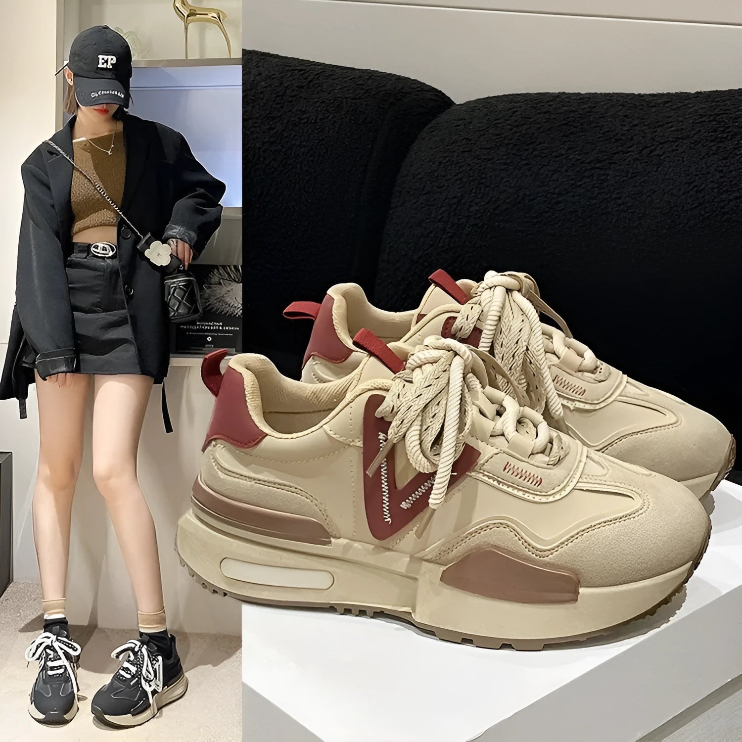 Women's retro platform sports shoes in black with artificial PU upper and rubber sole