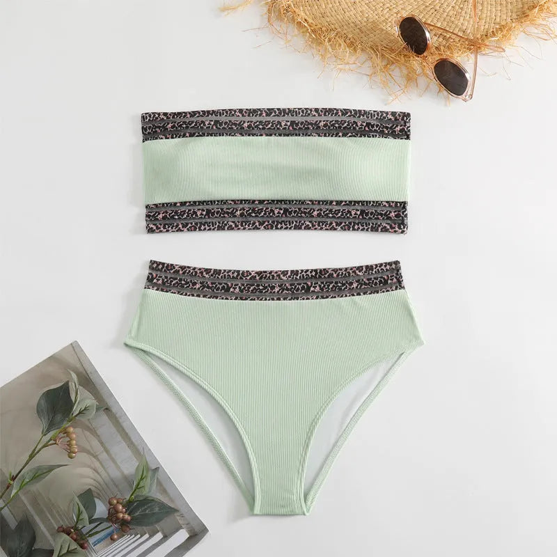 Black strapless bikini set with leopard print splicing on quick-drying nylon fabric.