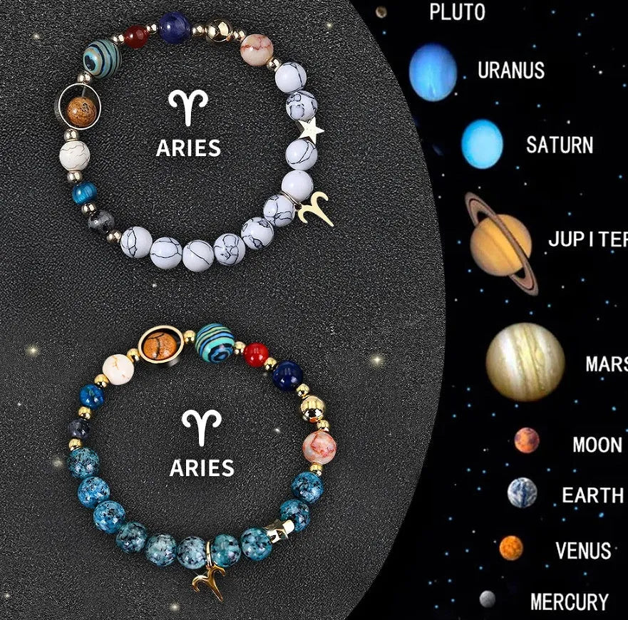 Set of twelve natural stone beaded bracelets, each for a different zodiac sign, on a flat surface.