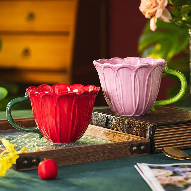 500ml ceramic breakfast cup with pastoral floral pattern in red or purple colours