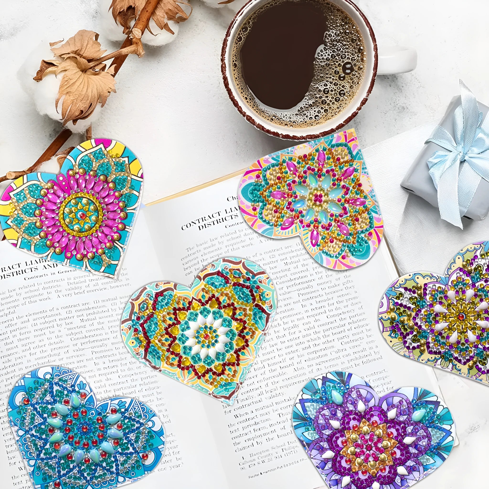 Six handmade PU leather bookmarks with adhesive crystal flower decorations in modern simplicity style.