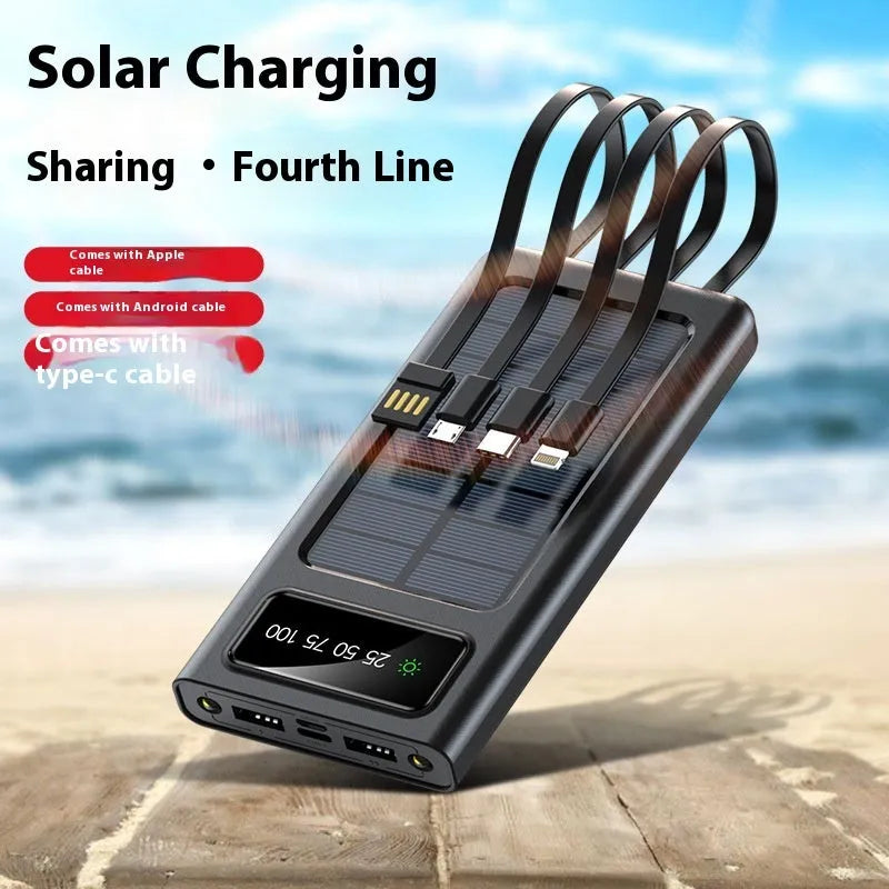 Black solar power bank with integrated cable showing four charging ports and solar panel