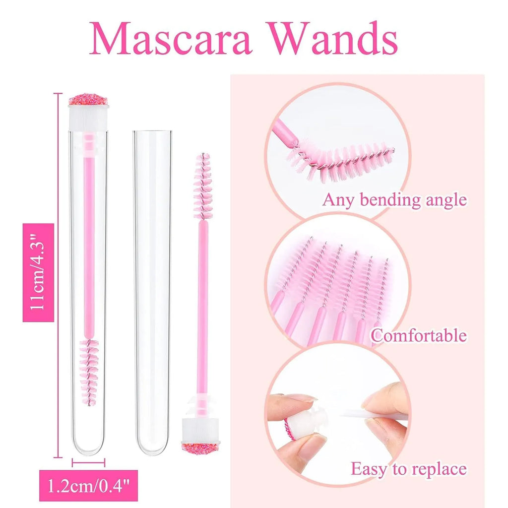 Set of coloured disposable eyelash mascara brushes inside clear plastic protective tubes.