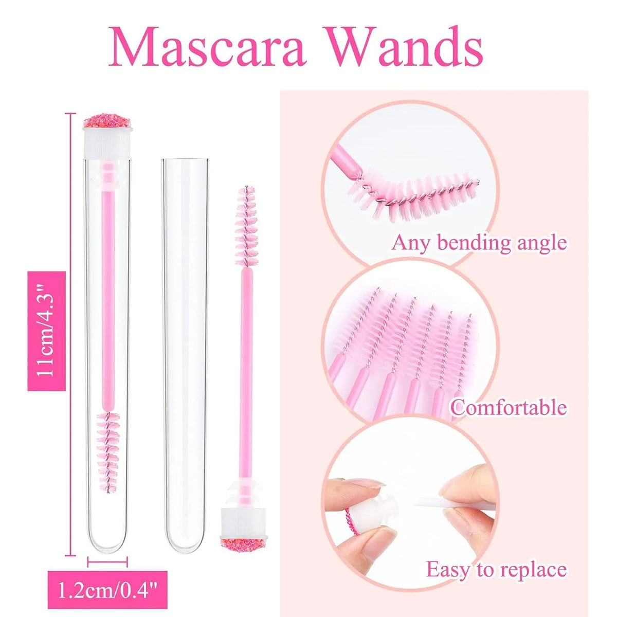 Set of coloured disposable eyelash mascara brushes inside clear plastic protective tubes.