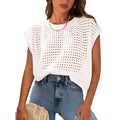 White women's loose-fit pullover sweater with crochet detail on long sleeves and a round neck.