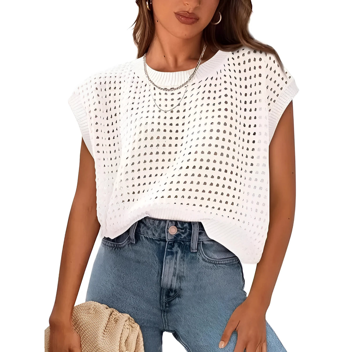 White women's loose-fit pullover sweater with crochet detail on long sleeves and a round neck.