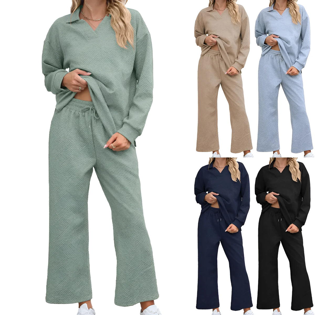 Women's black knitted jacquard lounge suit set with geometric pattern, featuring a long sleeve top and elastic waist cropped trousers.