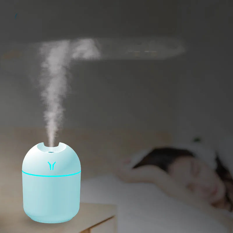 Round white USB desktop humidifier with silent operation and 250ml water tank capacity