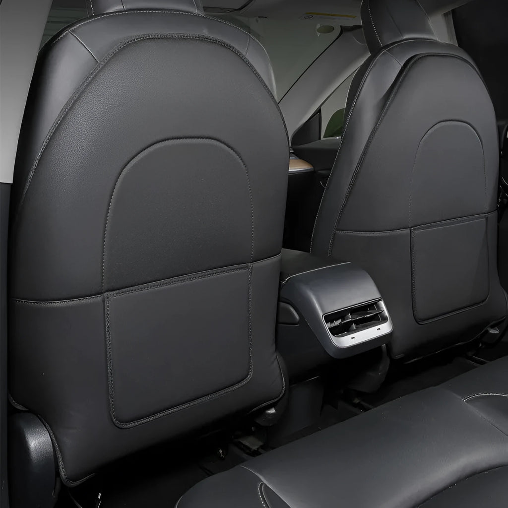 Black leather car rear seat anti-kick protection pad showing full coverage design.