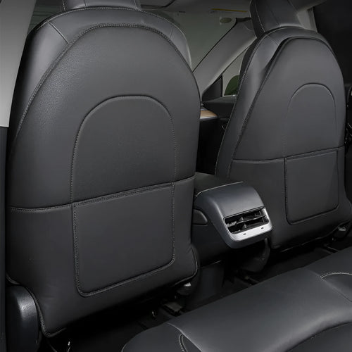 Black leather car rear seat anti-kick protection pad showing full coverage design.